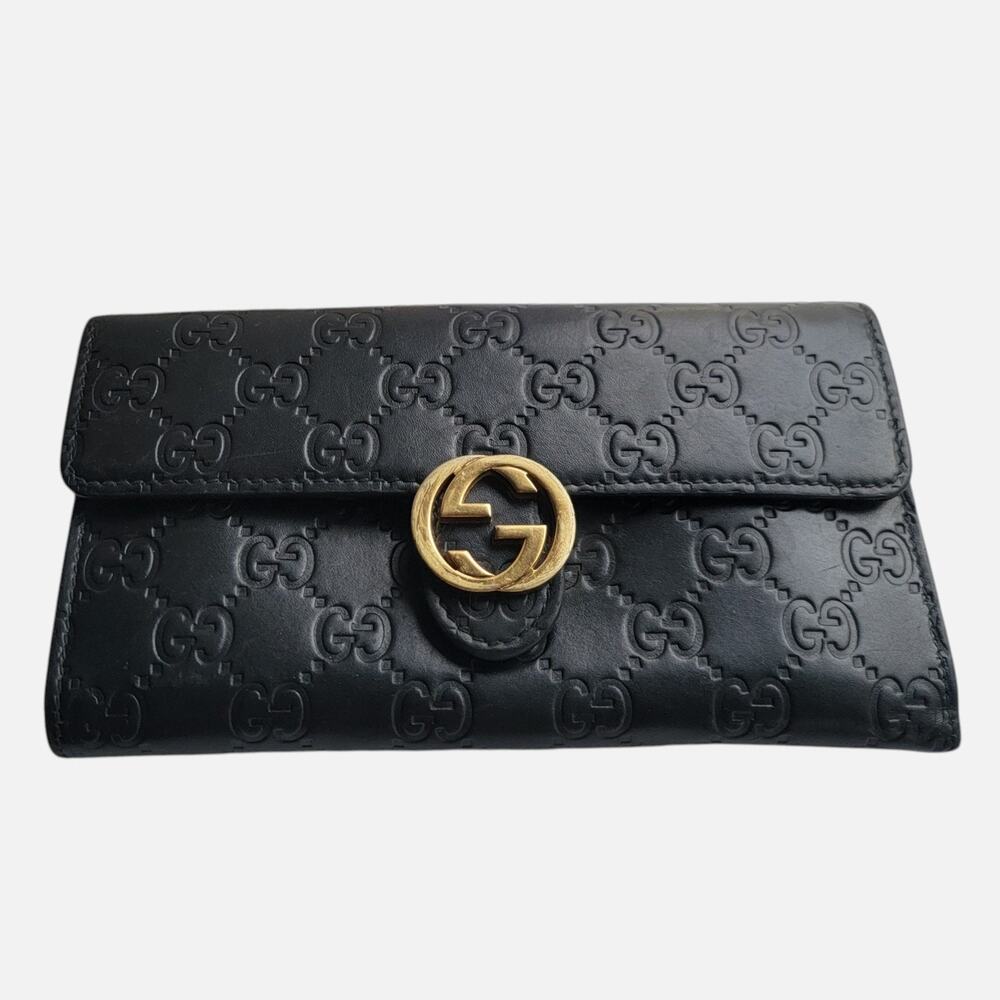 Gucci Wallet Womens One Size Black Folding GG Logo Gold Tone Hardware Monogram